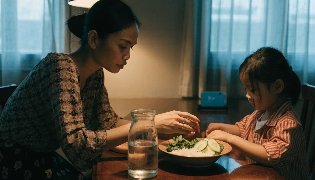 A family table set for an evening meal with rice, greens, cucumber, and a jug of water