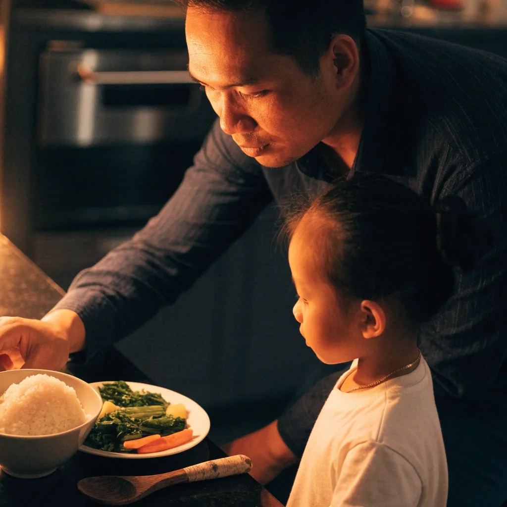 A hand setting a small bowl of rice beside vegetables on a warm kitchen worktop