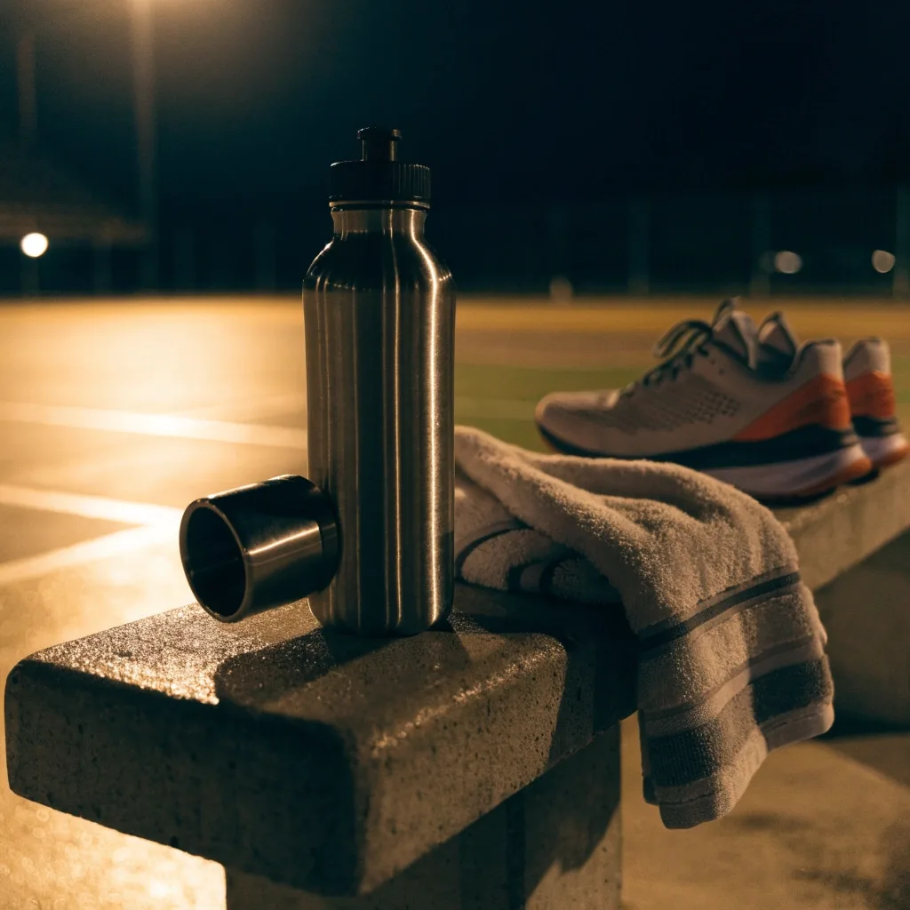A water bottle, towel and shoes on a court bench under warm evening floodlight