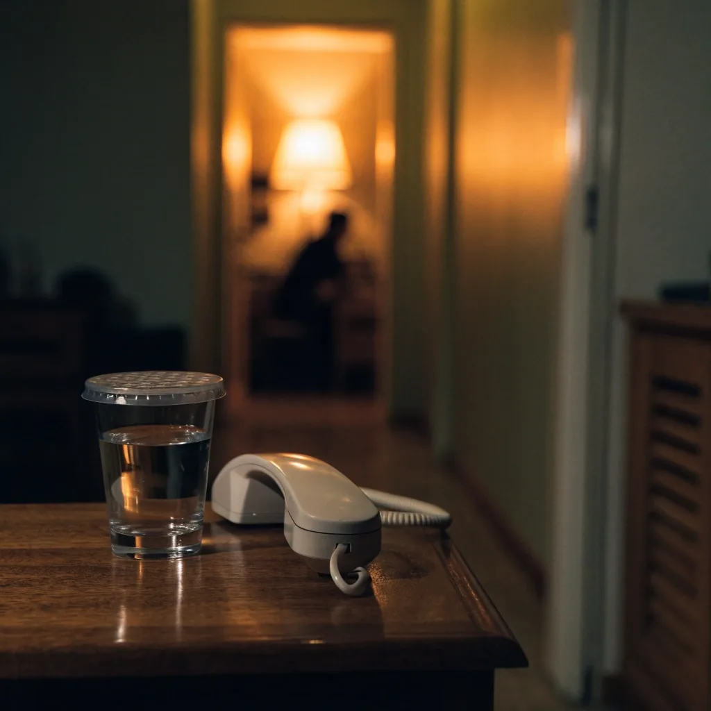 A telephone and a glass of water on a sideboard beside a lit hallway doorway