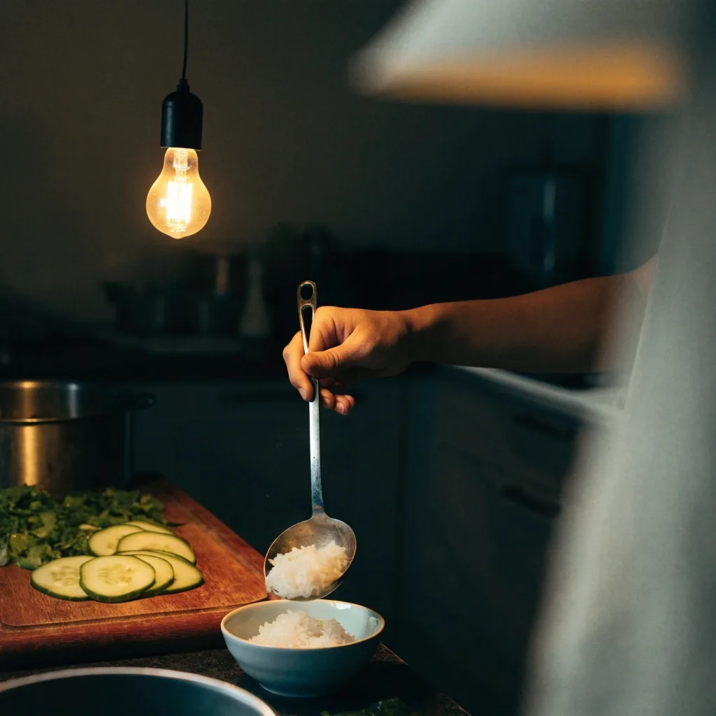 A hand placing greens on a matte plate on a birch counter under warm evening light