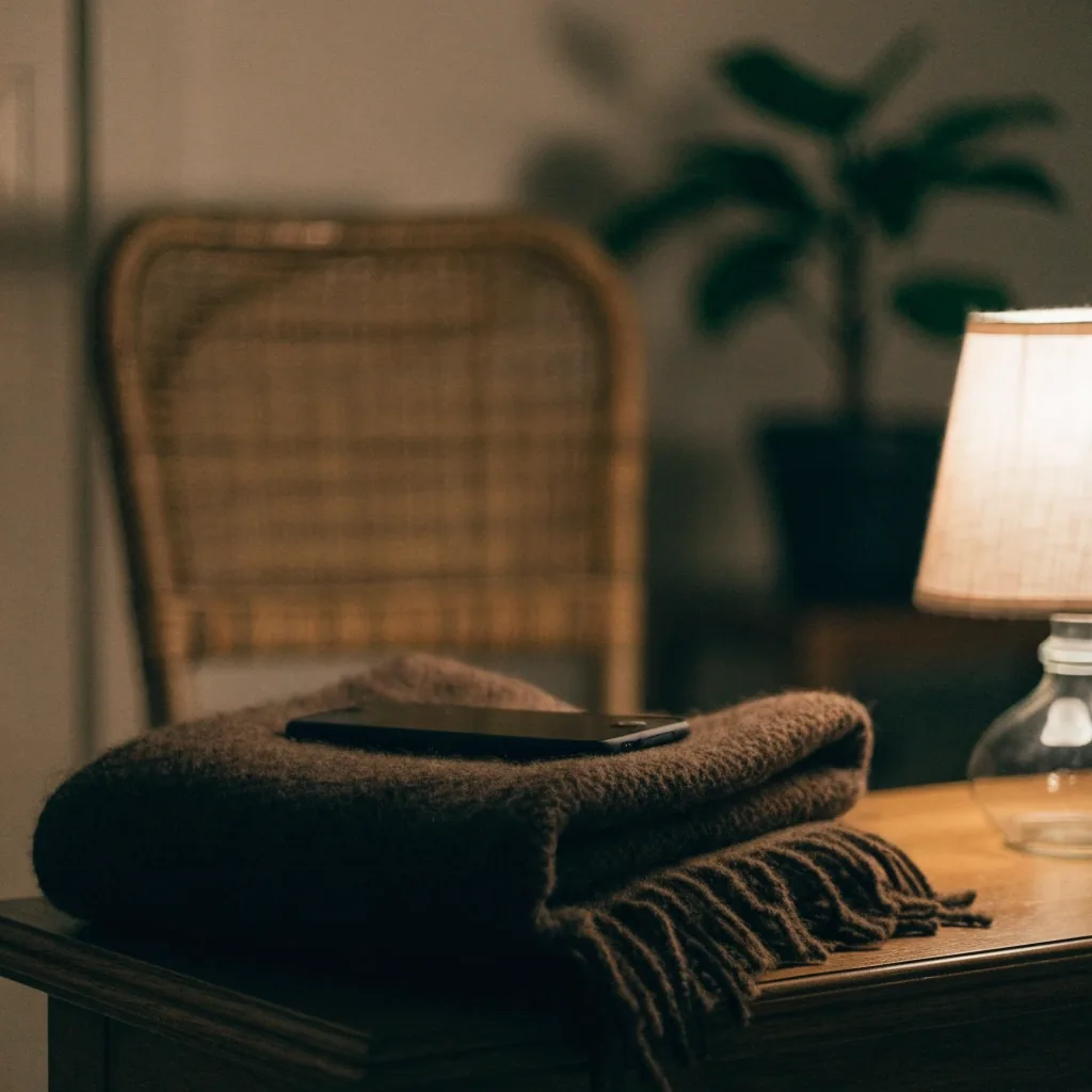 A phone resting face down on a wool blanket beside a warm lamp