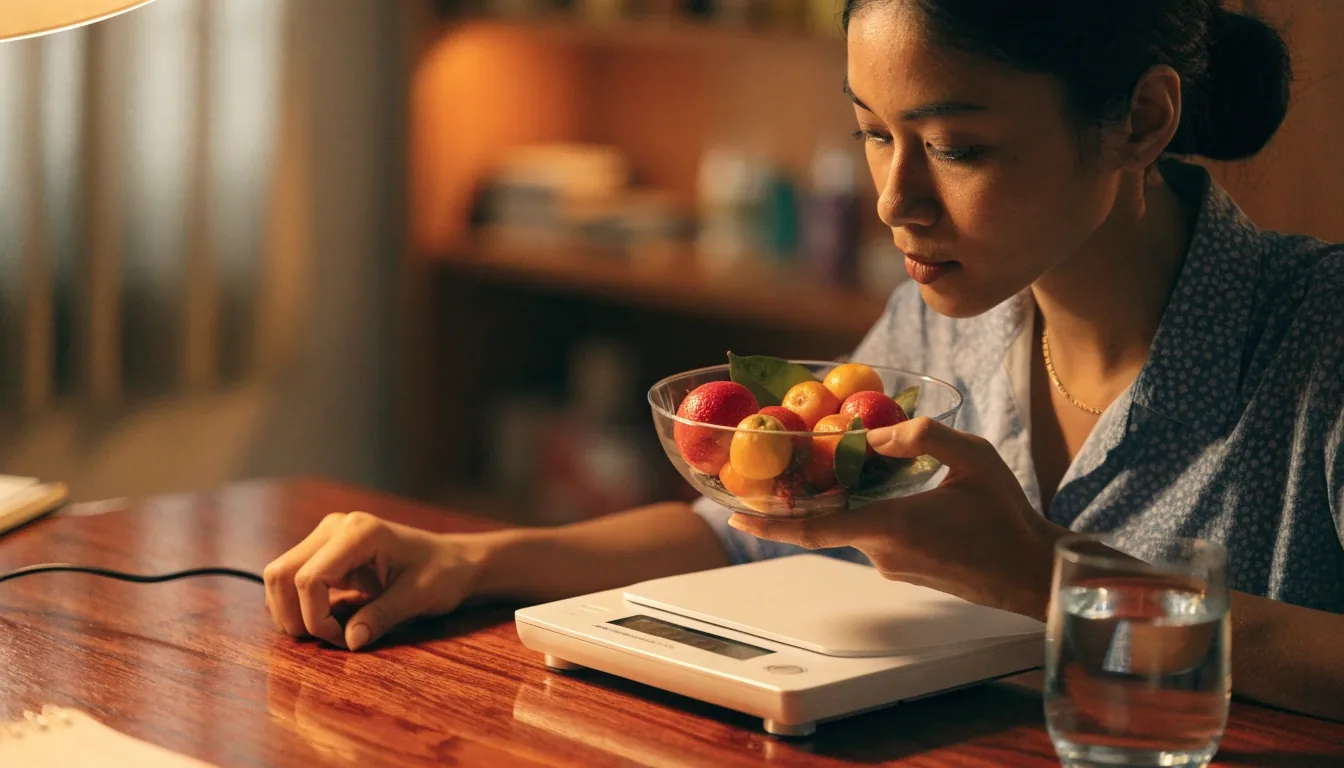 A kitchen table at night with a closed laptop, a glass of water and a warm lamp under amber light
