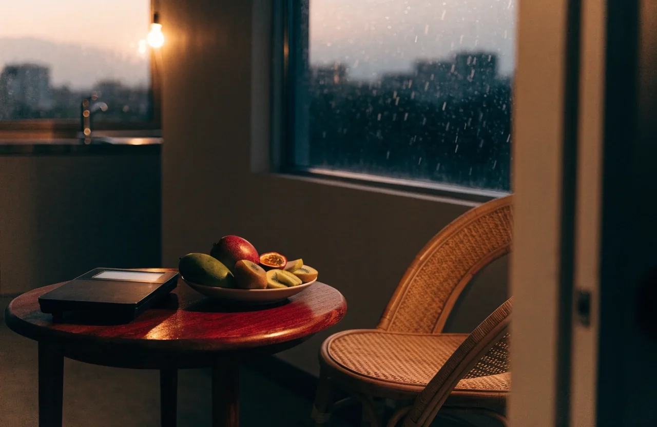 Two hands at a nutritionist's desk beside an open notebook and a kitchen scale under a warm lamp