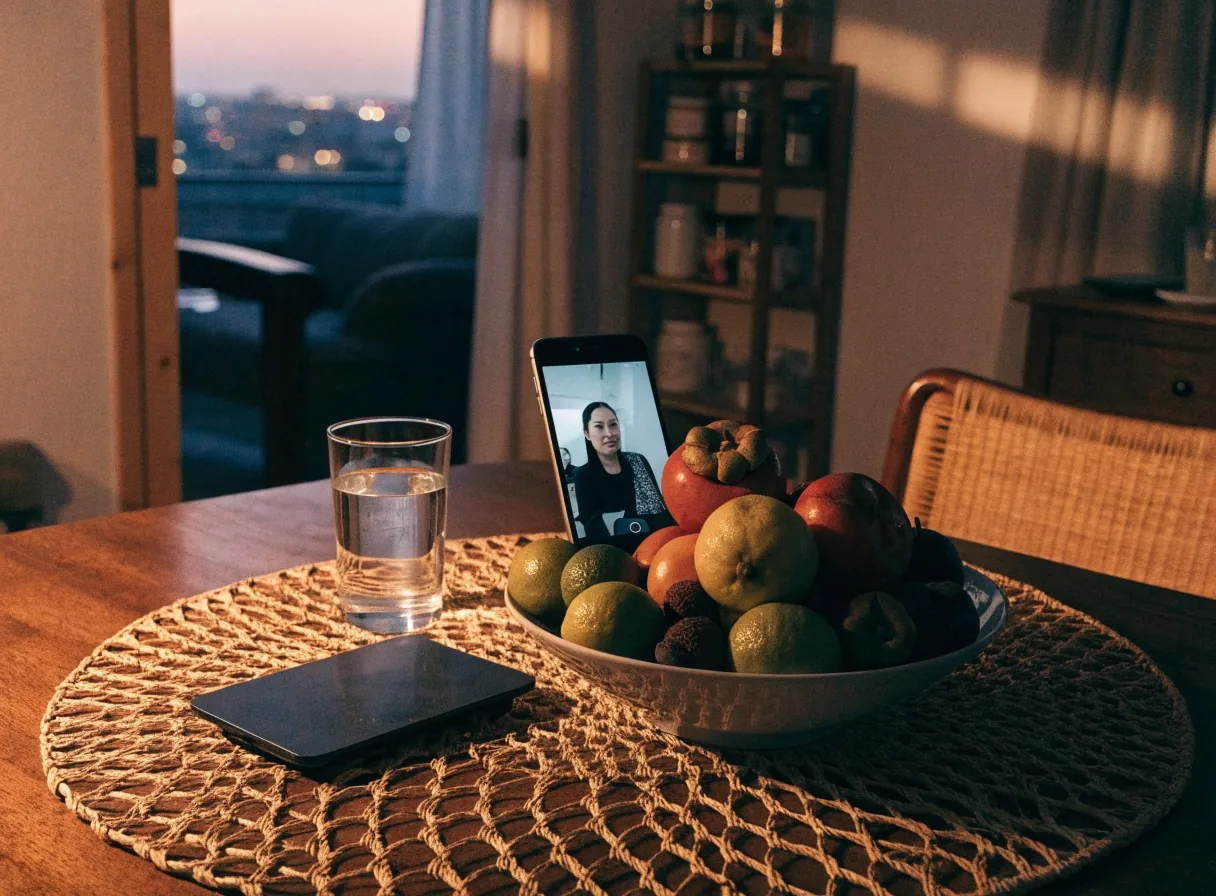 A quiet kitchen table at night with a closed laptop, a glass of water and a kitchen scale under a warm lamp