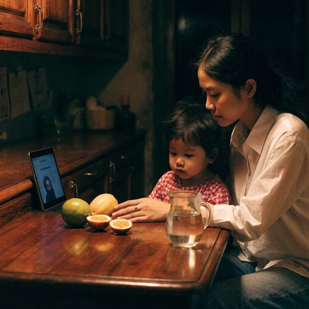 A dimly lit Indonesian home kitchen counter at night with rice, greens and a cutting board under one warm lamp