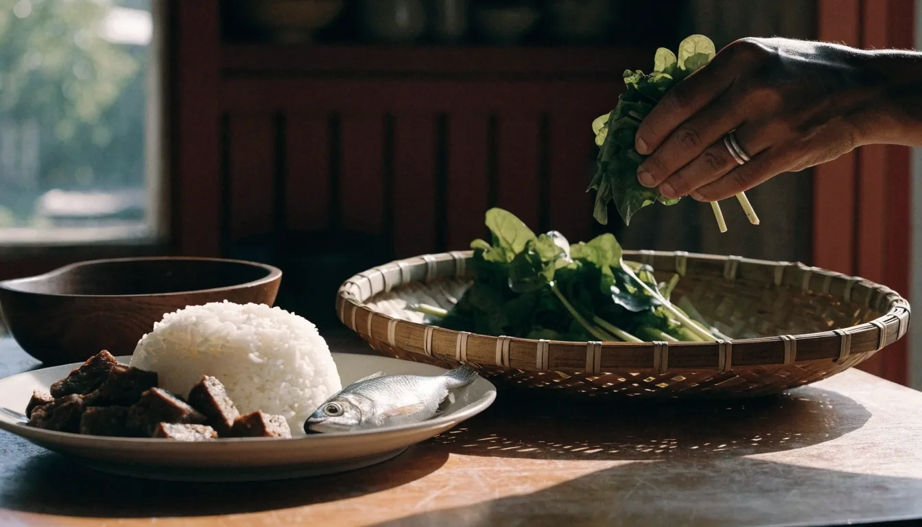 A printed meal plan sheet on a kitchen counter beside a rice bowl, fresh greens and a hand portioning vegetables onto a plate