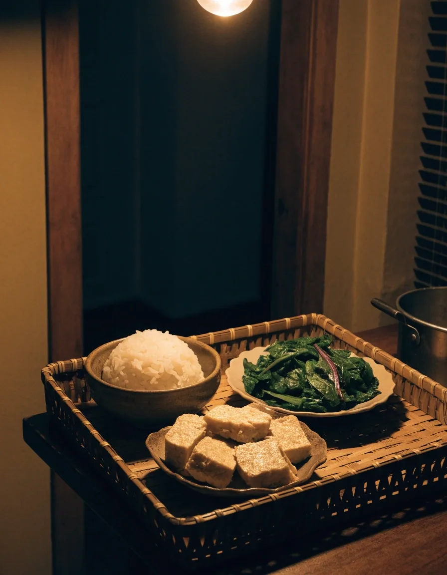 Blank printed plan sheet and pen on a linen cloth beside a bowl of vegetables at night