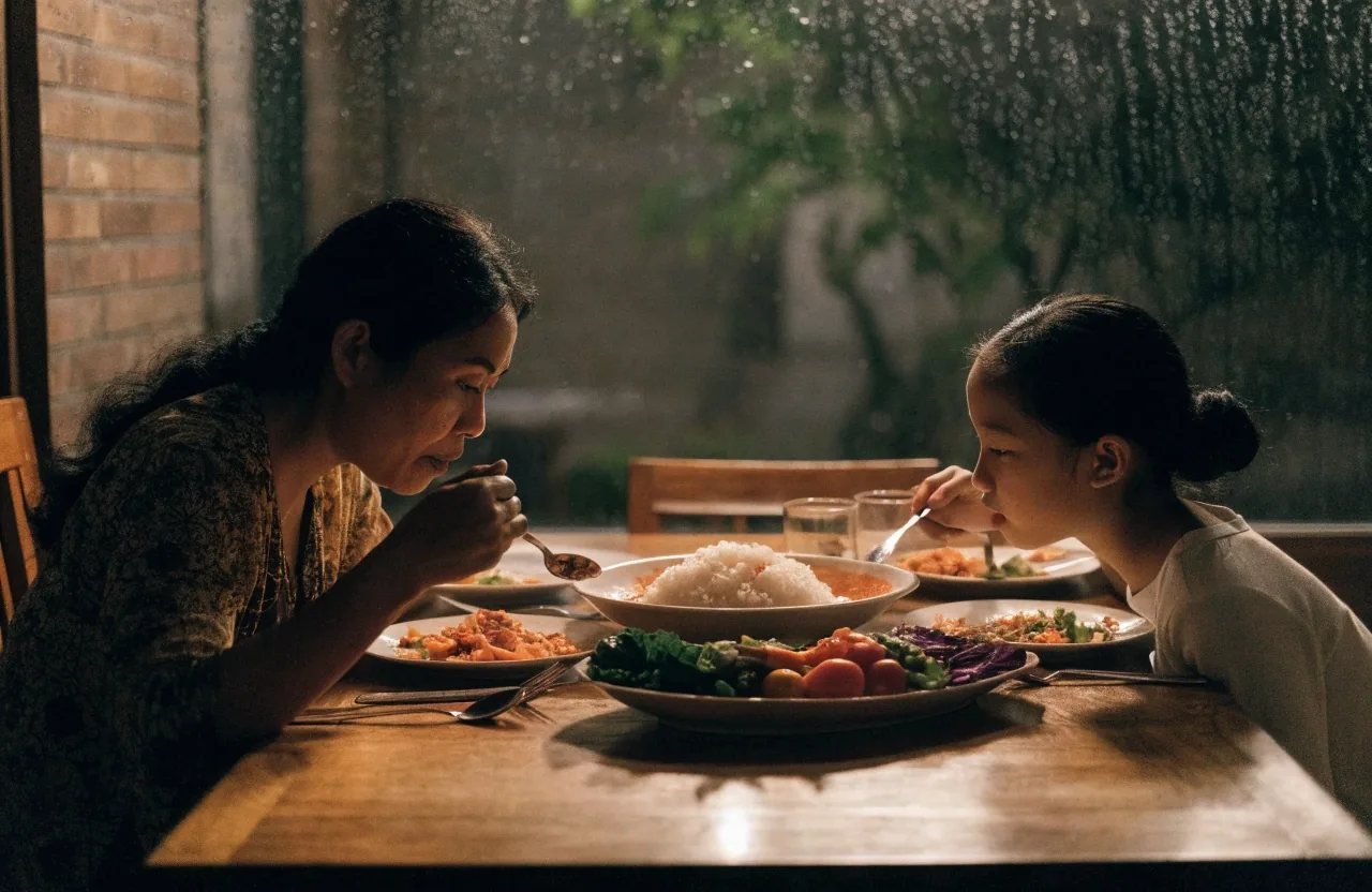 Family dining table in the evening with a shared rice pot, dishes and plates waiting