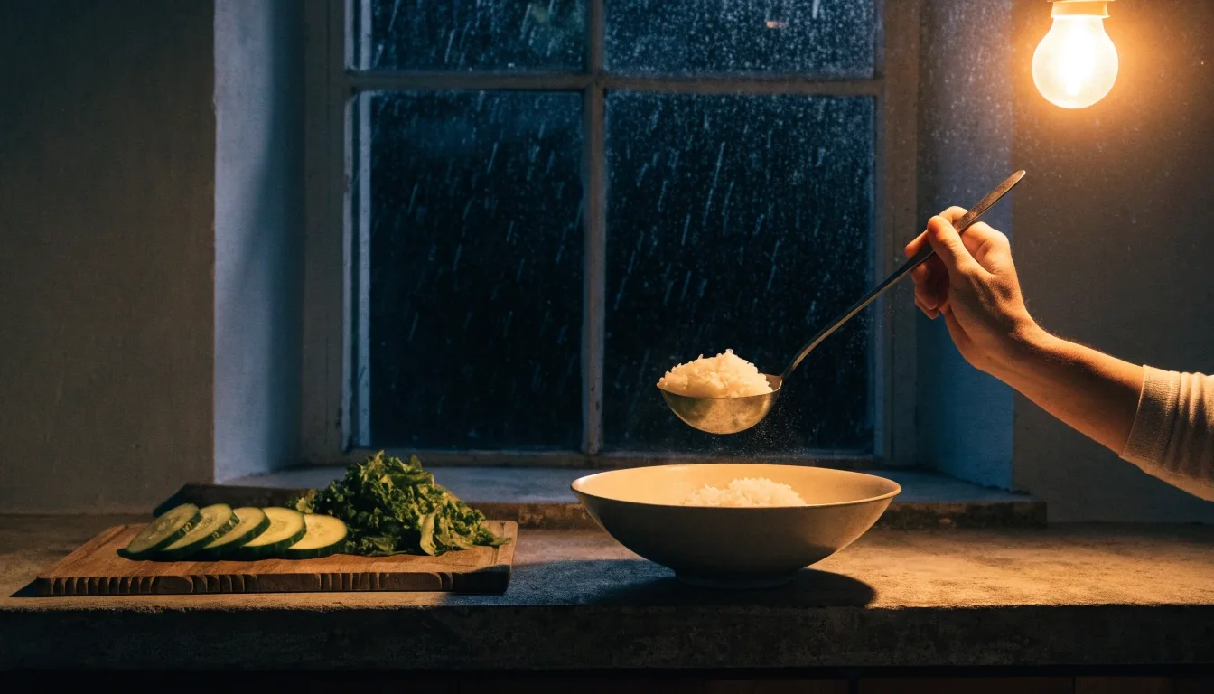 Portioned bowl of rice, greens and eggs on a wooden kitchen counter lit by one warm bulb
