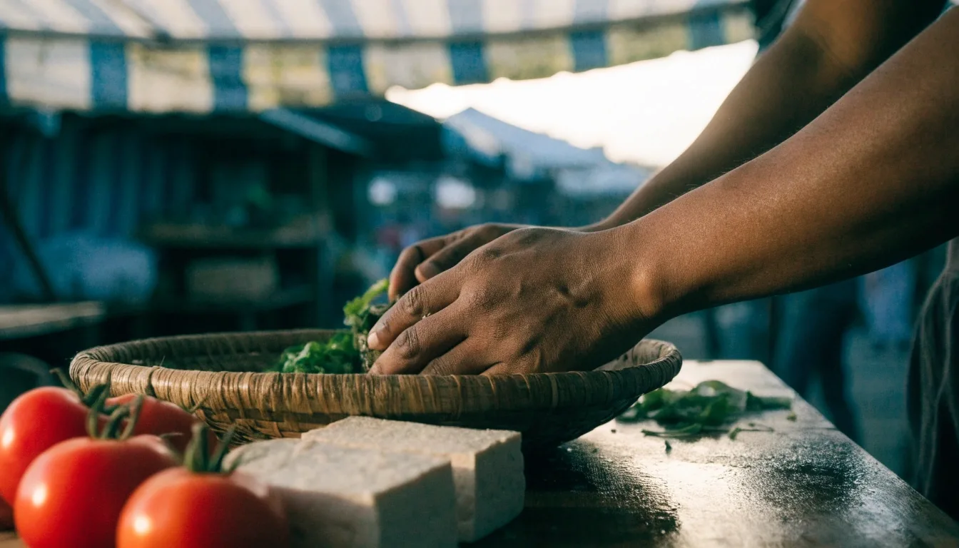 Woven baskets of greens, tomatoes and tofu at an early morning market stall