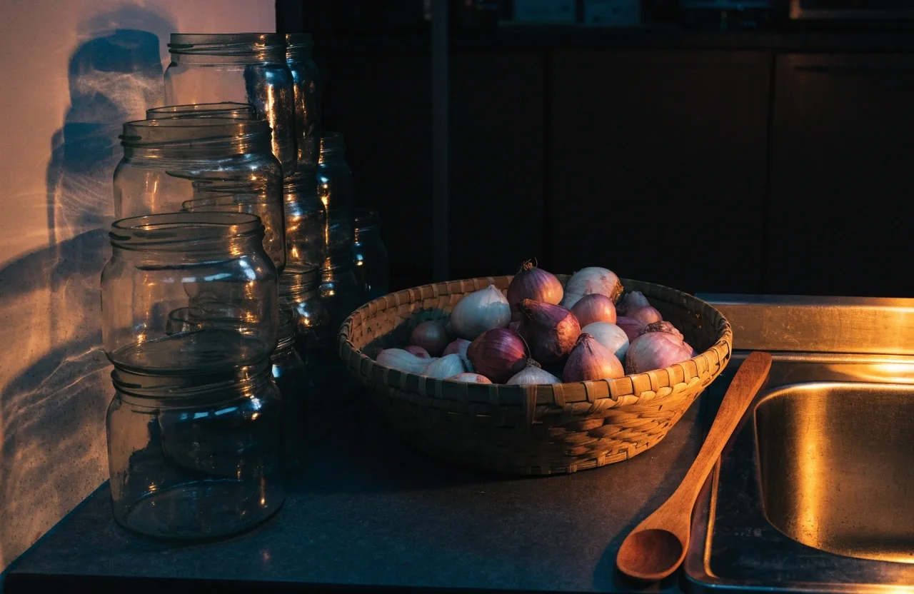 Unlabelled jars of rice and dried goods on a night-lit kitchen shelf