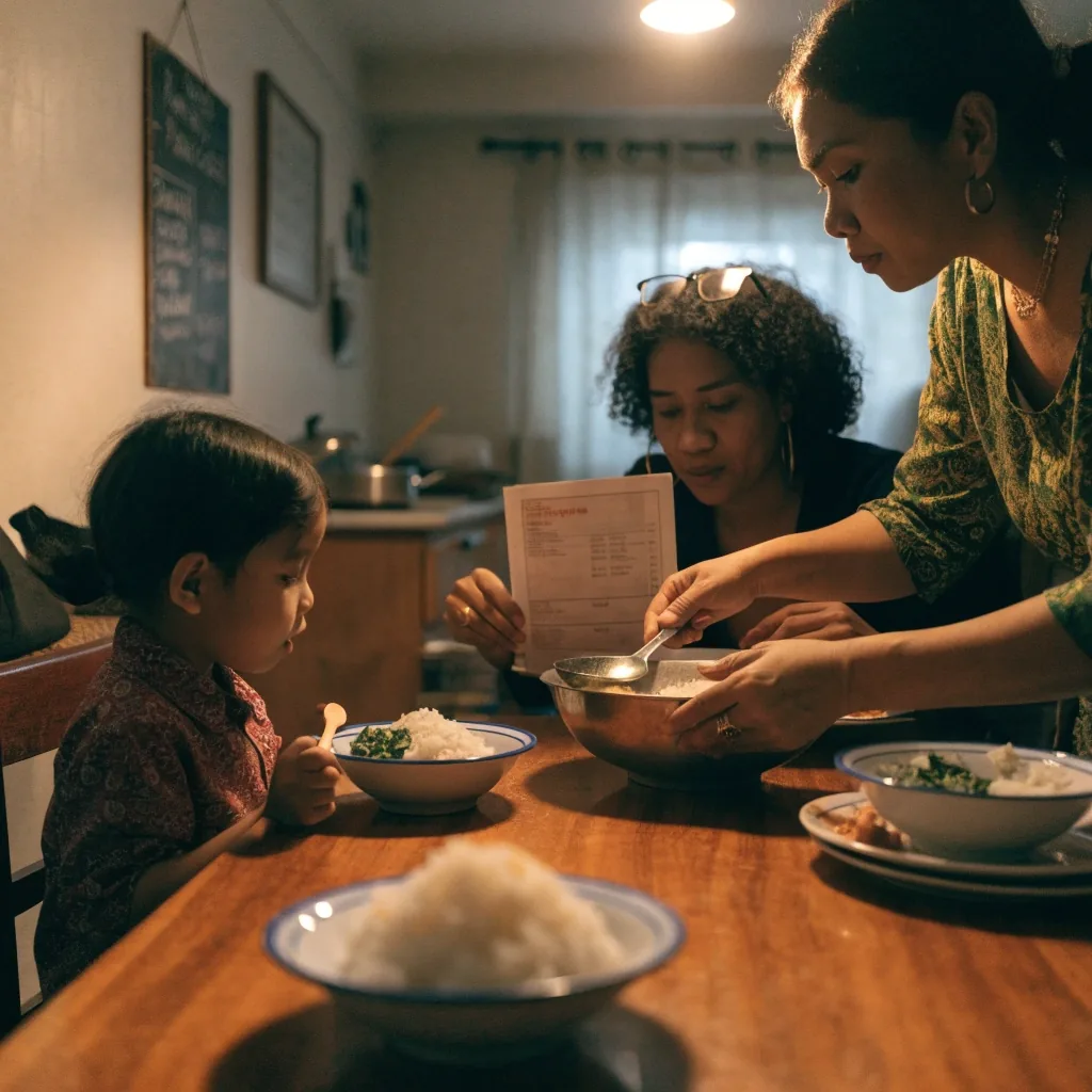 A matte ceramic bowl of rice and greens on a birch counter with a wooden spoon beside it