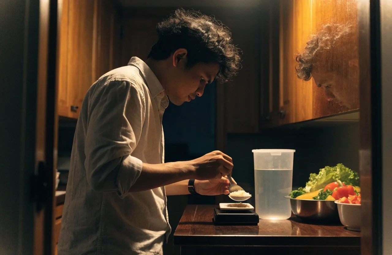 A closed laptop and a glass of water on a kitchen table under a warm lamp at night